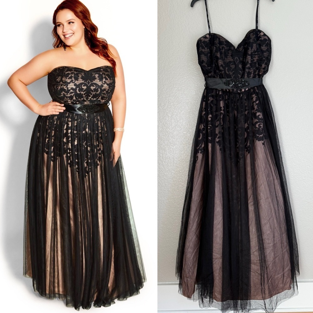 City Chic Plus Size Black & Nude Lace Maxi Dress with Embellished Belt - Picture 1 of 6